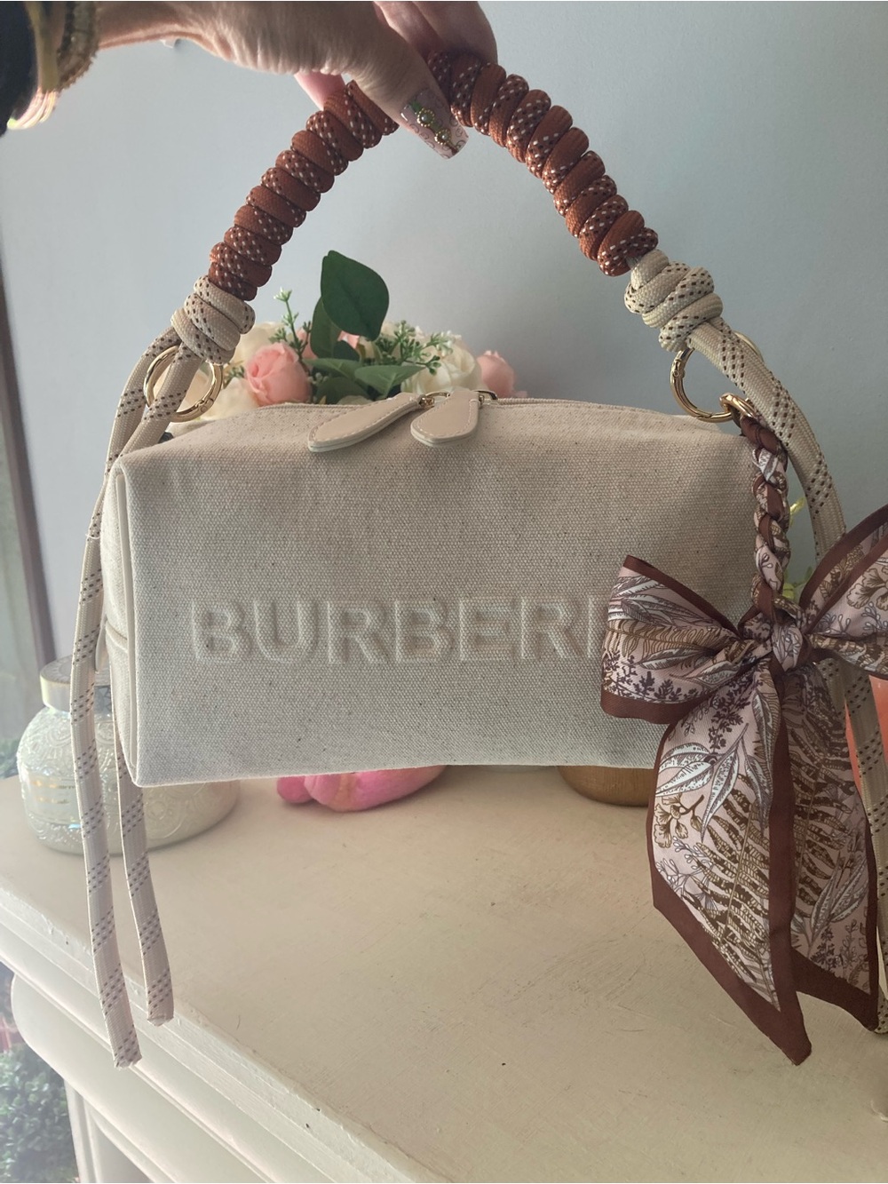 Burberry Cream Canvas Top-Handle Satchel with Brown Accents - Picture 5 of 8